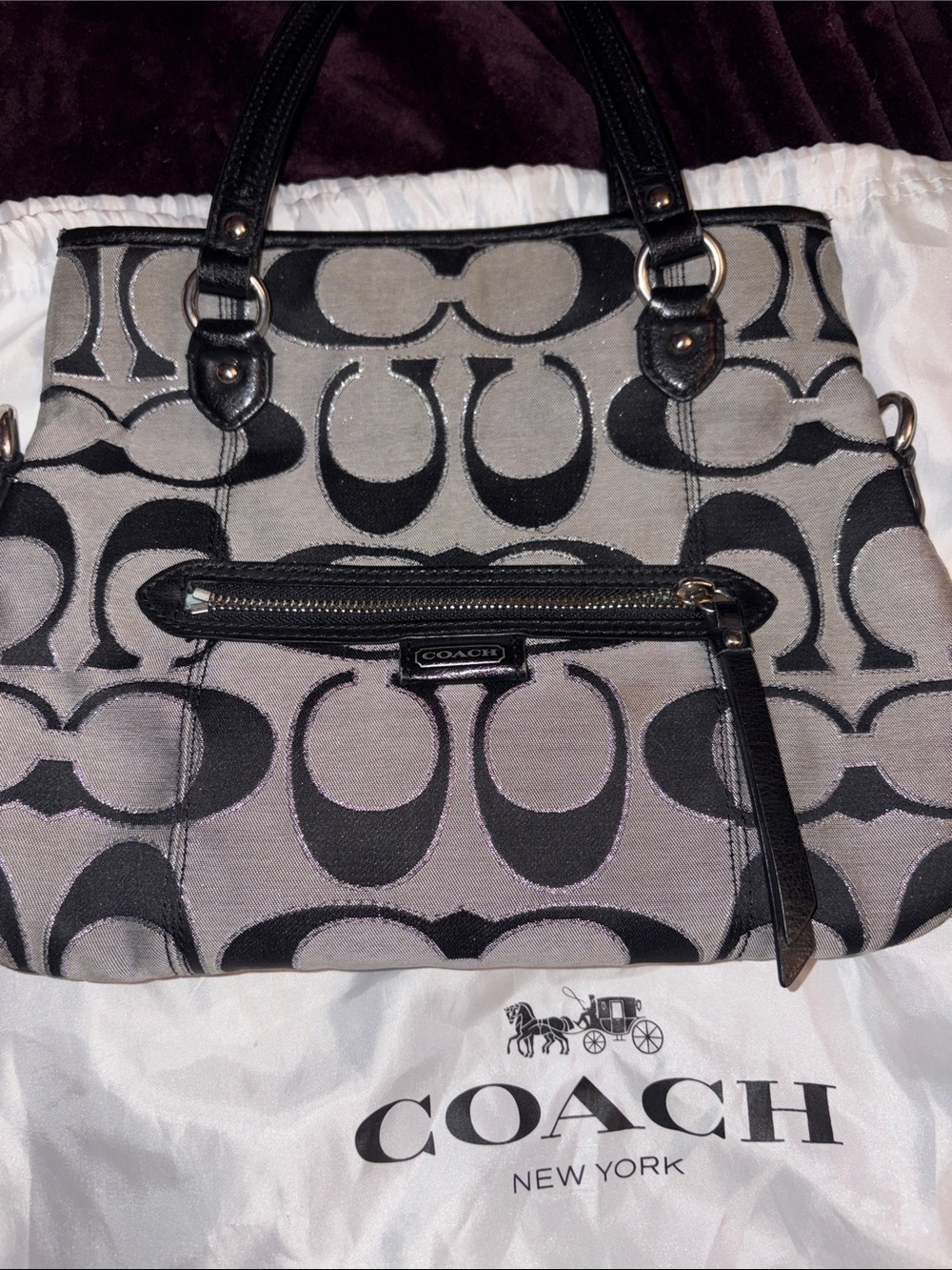Coach Gray and Black Signature Canvas Tote CALLOUTS PICTURED